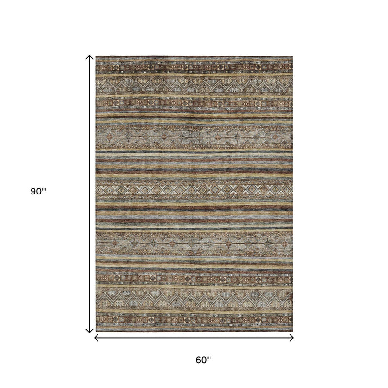 5' X 8' Brown Denim Blue And Beige Southwestern Washable Indoor Outdoor Area Rug