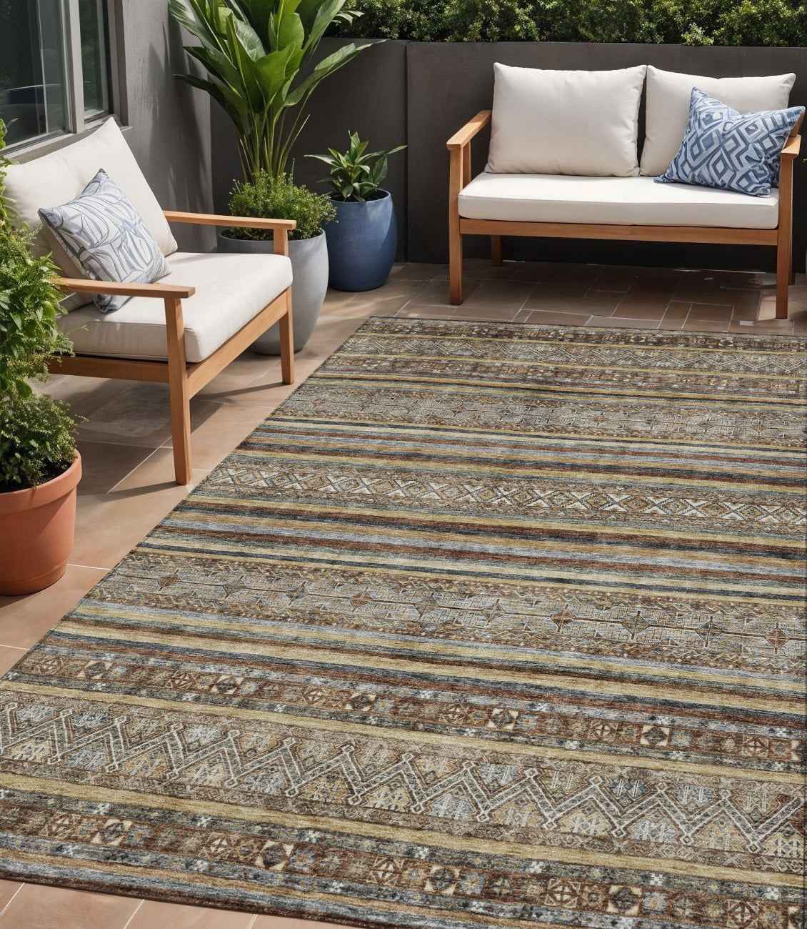 5' X 8' Brown Denim Blue And Beige Southwestern Washable Indoor Outdoor Area Rug