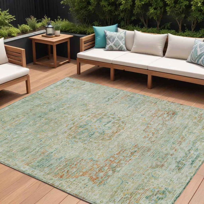 9' X 12' Sage And Copper Medallion Washable Indoor Outdoor Area Rug
