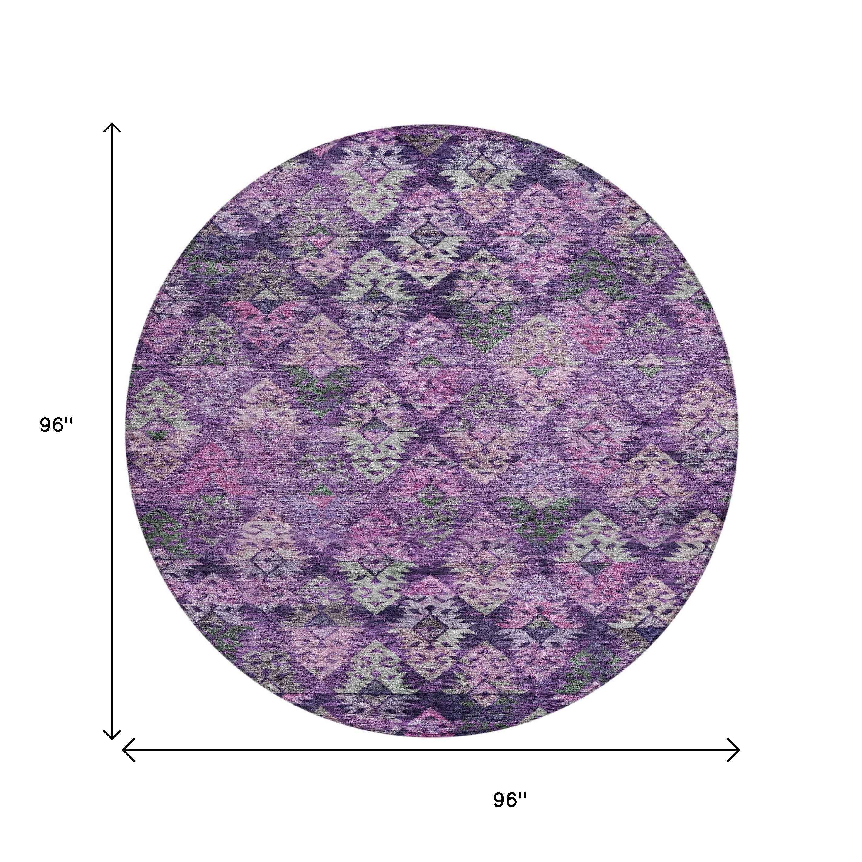 8' Eggplant Plum And Lavender Round Aztec Washable Indoor Outdoor Area Rug