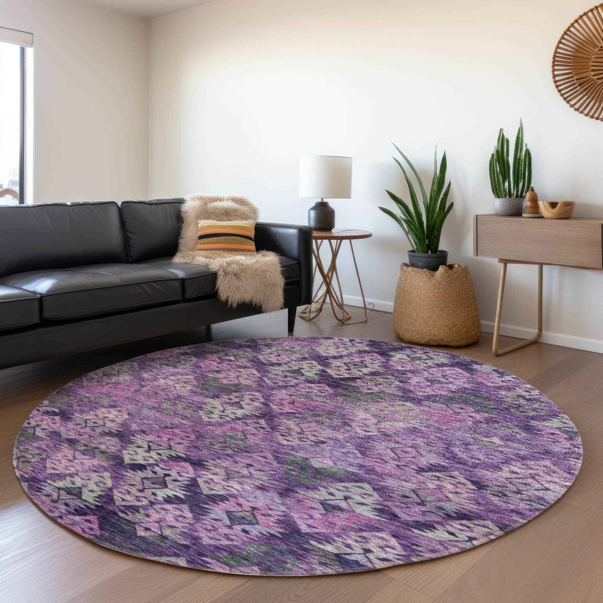 8' Eggplant Plum And Lavender Round Aztec Washable Indoor Outdoor Area Rug