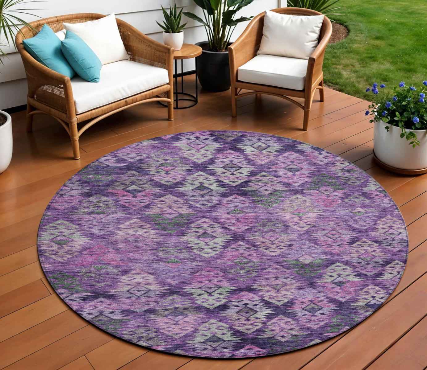 8' Eggplant Plum And Lavender Round Aztec Washable Indoor Outdoor Area Rug