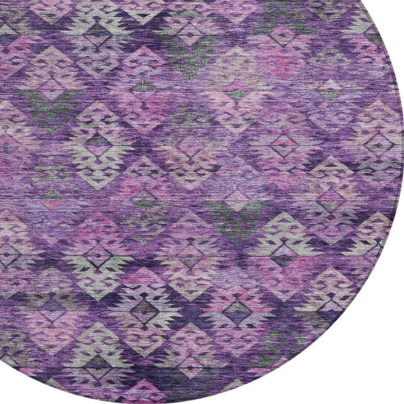 8' Eggplant Plum And Lavender Round Aztec Washable Indoor Outdoor Area Rug