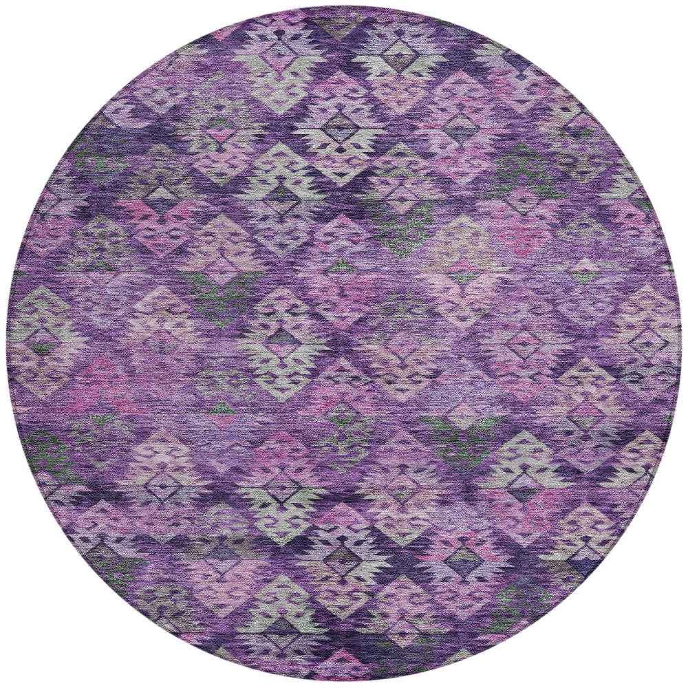8' Eggplant Plum And Lavender Round Aztec Washable Indoor Outdoor Area Rug