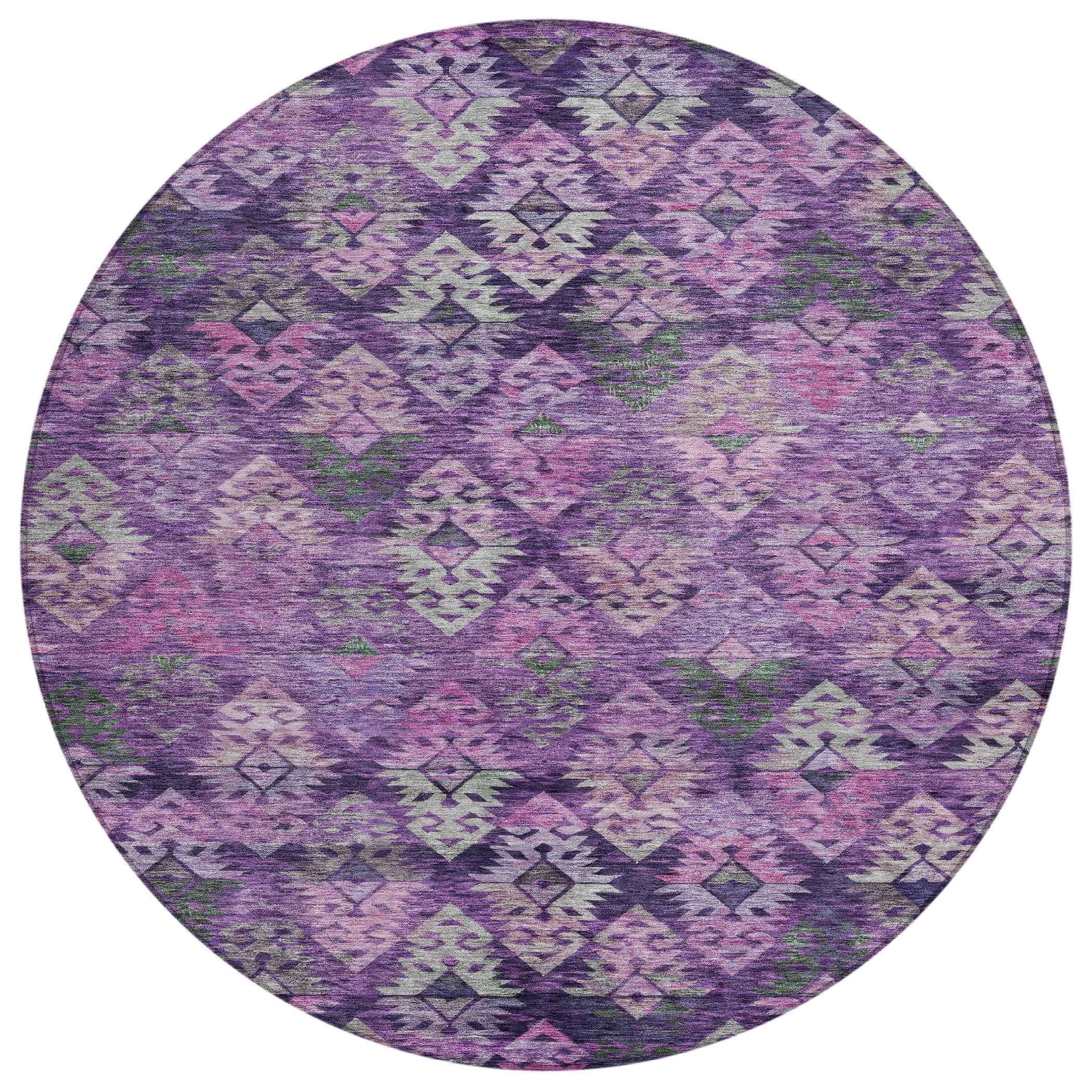 8' Eggplant Plum And Lavender Round Aztec Washable Indoor Outdoor Area Rug