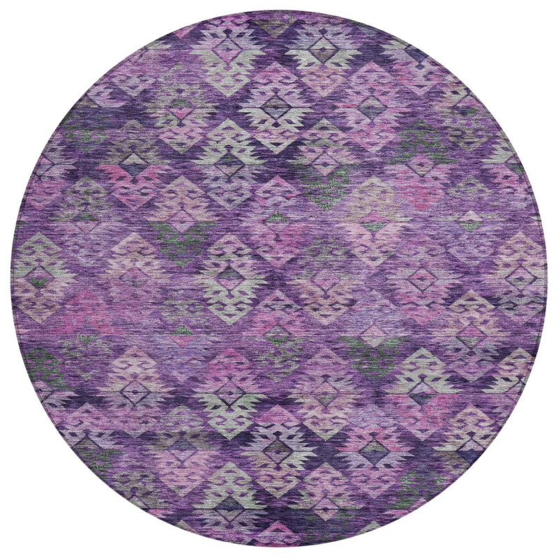 8' Eggplant Plum And Lavender Round Aztec Washable Indoor Outdoor Area Rug
