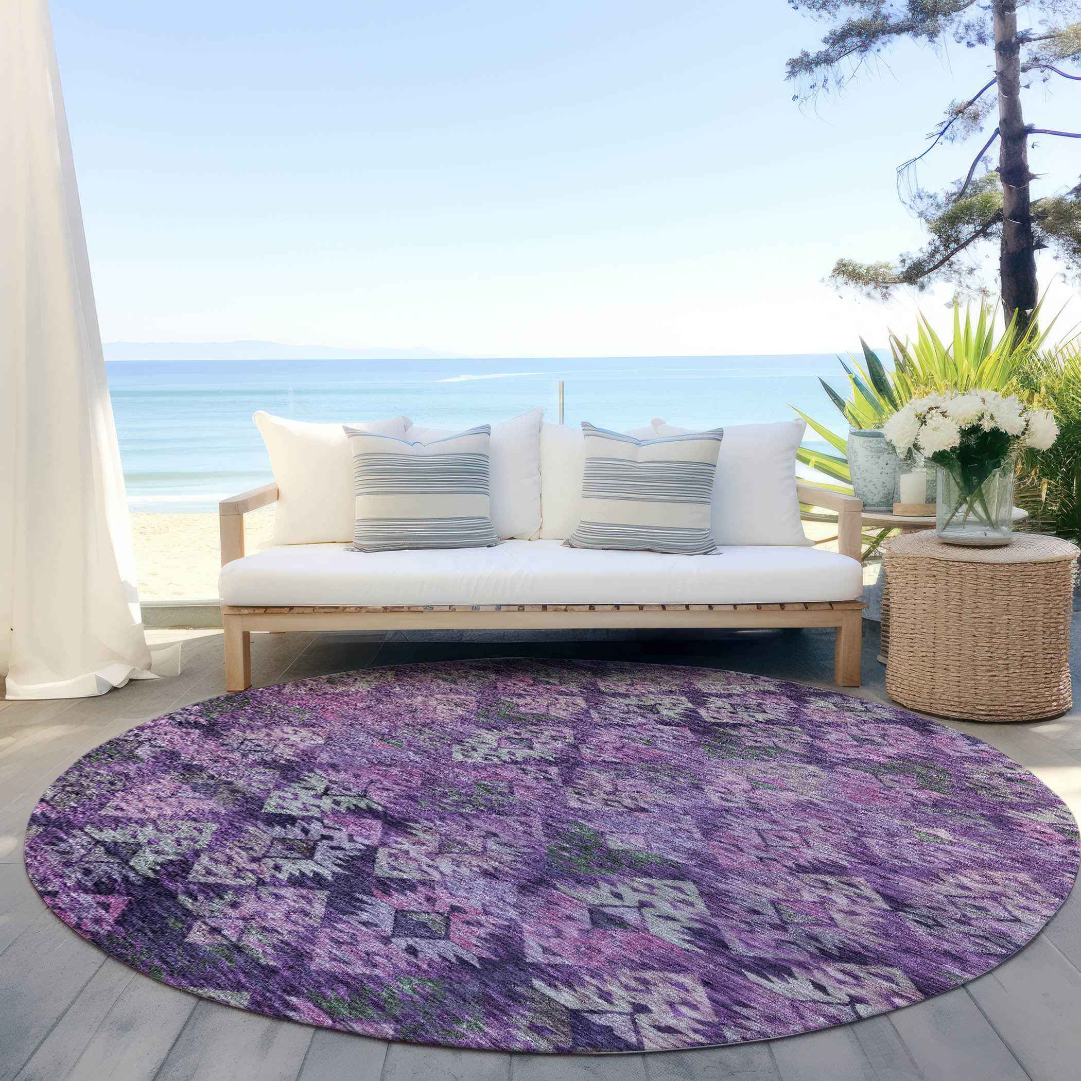 8' Eggplant Plum And Lavender Round Aztec Washable Indoor Outdoor Area Rug