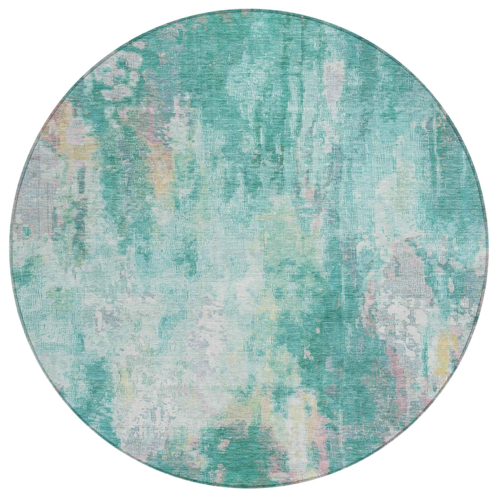 8' Teal Blue Peach And Ivory Round Abstract Washable Indoor Outdoor Area Rug