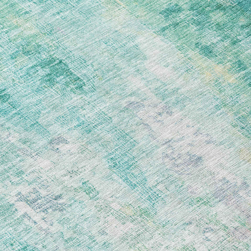 8' Teal Blue Peach And Ivory Round Abstract Washable Indoor Outdoor Area Rug