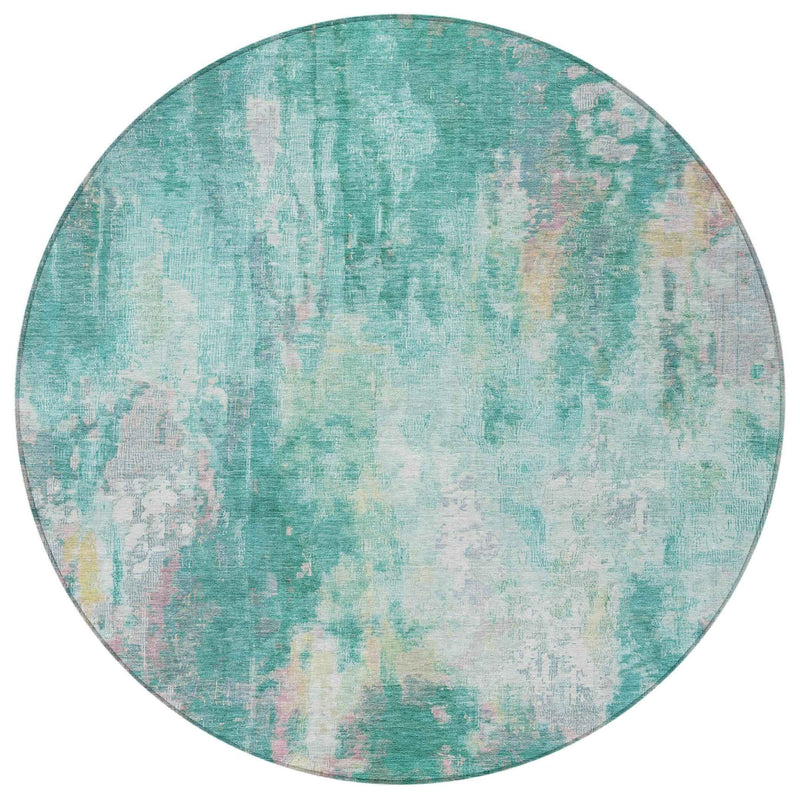8' Teal Blue Peach And Ivory Round Abstract Washable Indoor Outdoor Area Rug