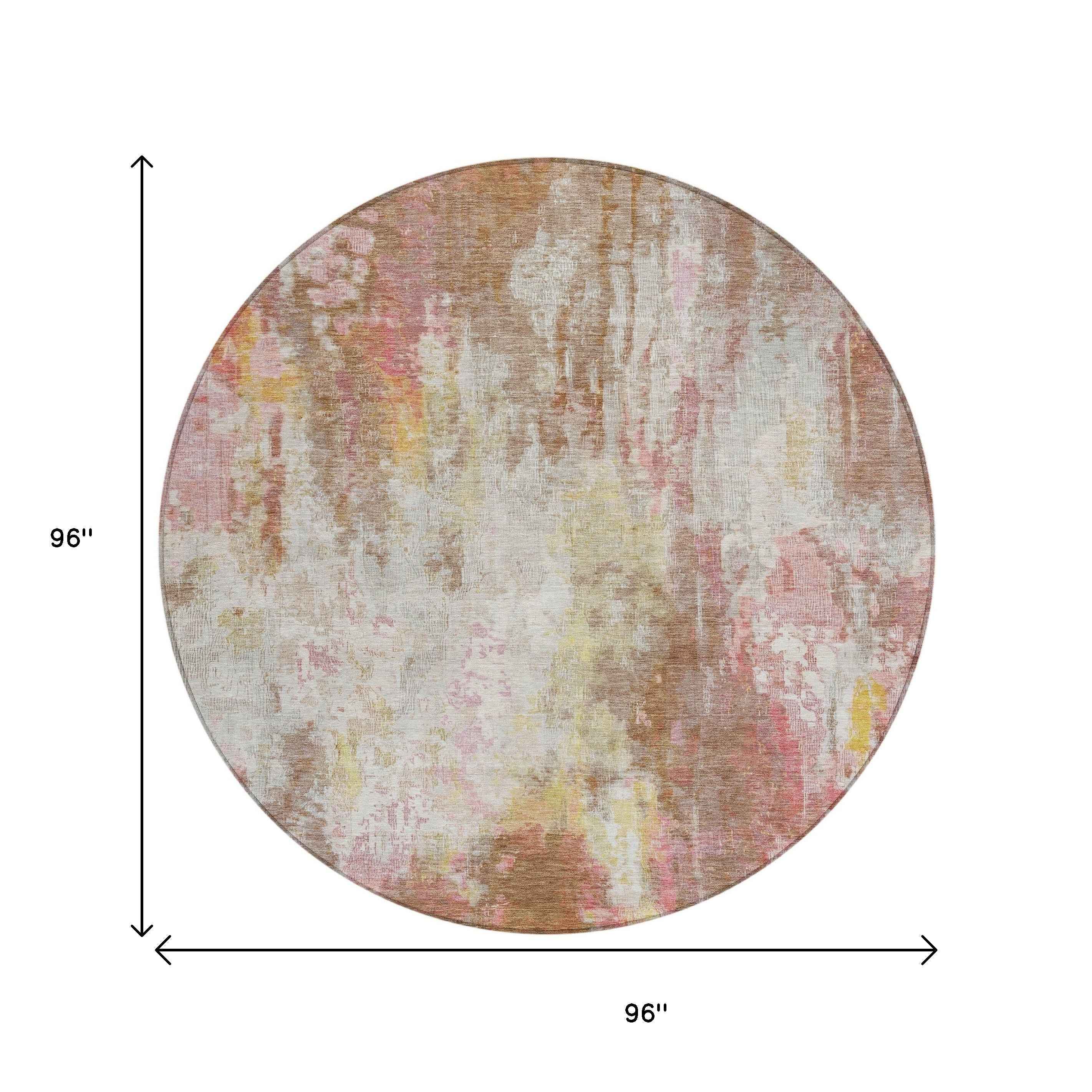 8' Tan Mauve And Ivory Round Abstract Washable Indoor Outdoor Area Rug