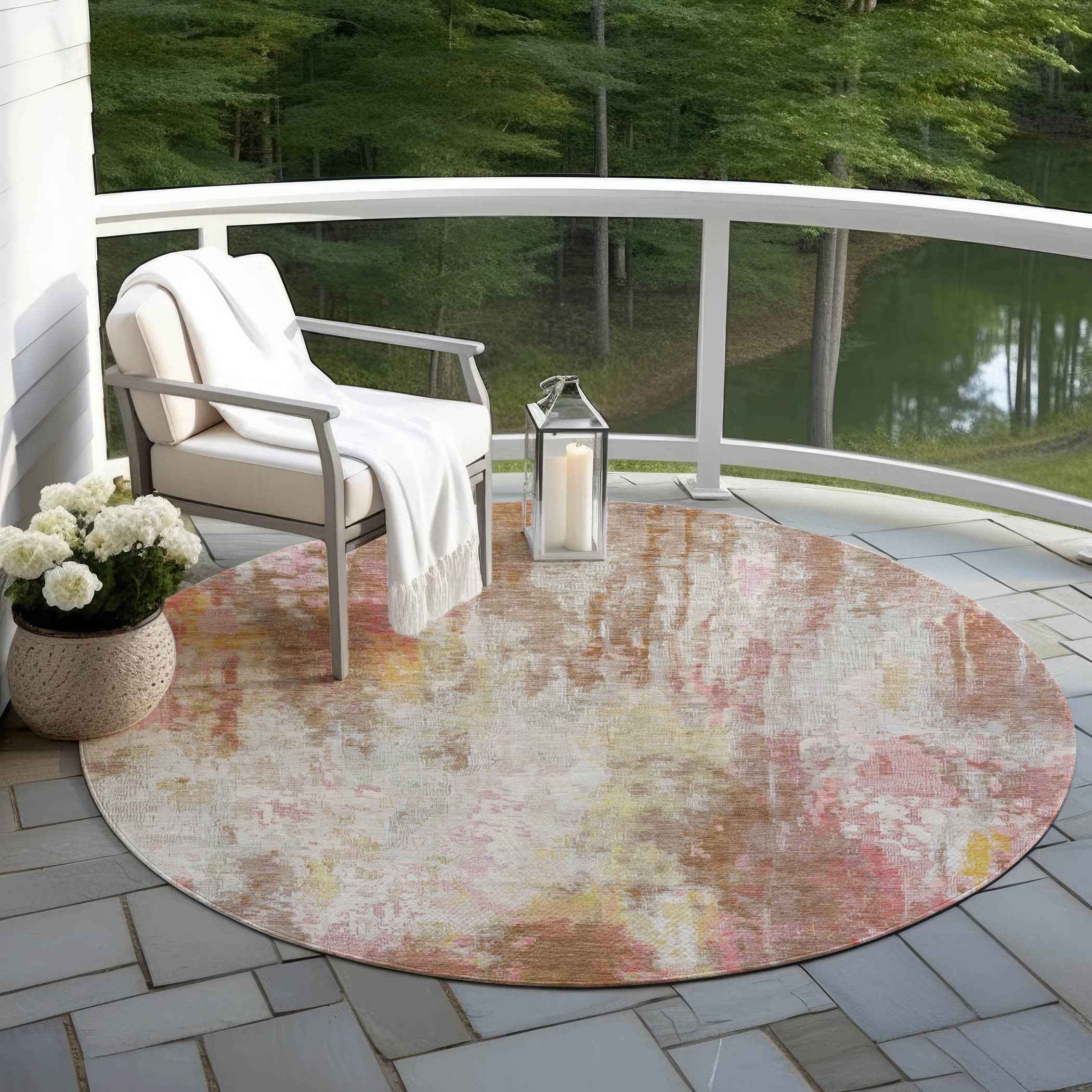 8' Tan Mauve And Ivory Round Abstract Washable Indoor Outdoor Area Rug