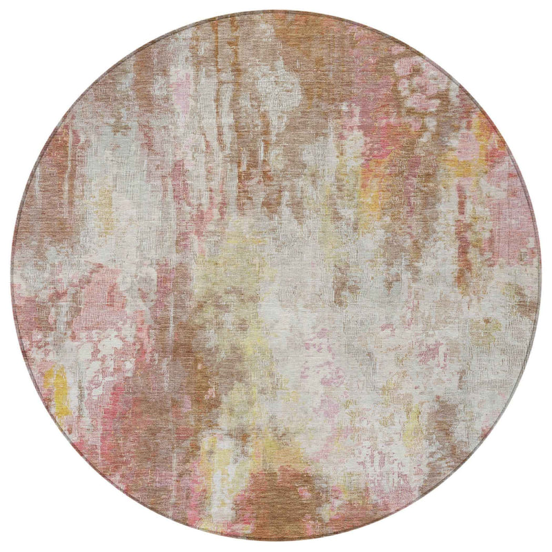 8' Tan Mauve And Ivory Round Abstract Washable Indoor Outdoor Area Rug