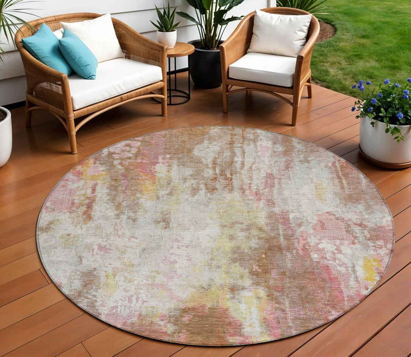 8' Tan Mauve And Ivory Round Abstract Washable Indoor Outdoor Area Rug