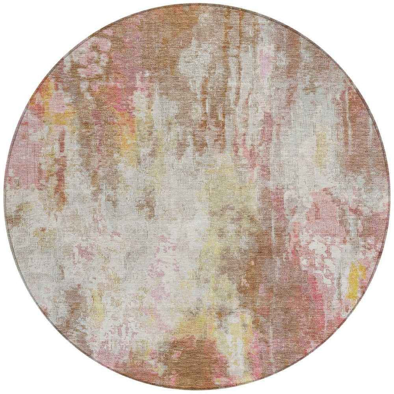 8' Tan Mauve And Ivory Round Abstract Washable Indoor Outdoor Area Rug
