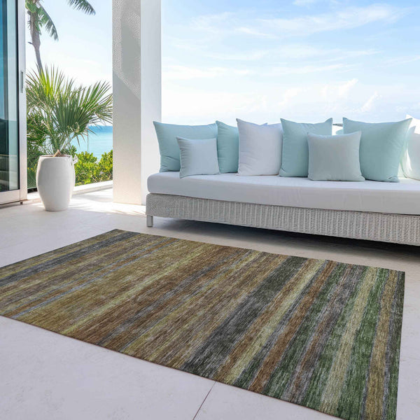 10' X 14' Brown And Gray Striped Washable Indoor Outdoor Area Rug