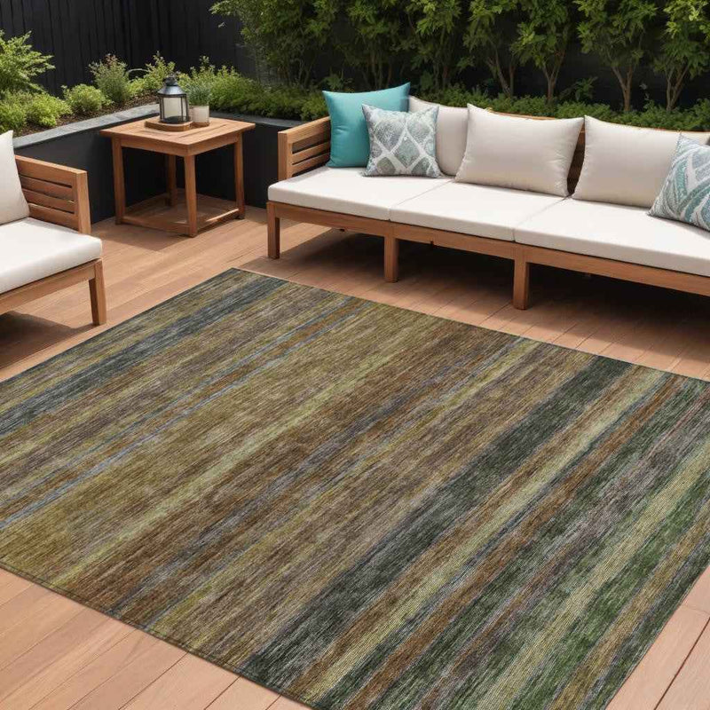 10' X 14' Brown And Gray Striped Washable Indoor Outdoor Area Rug