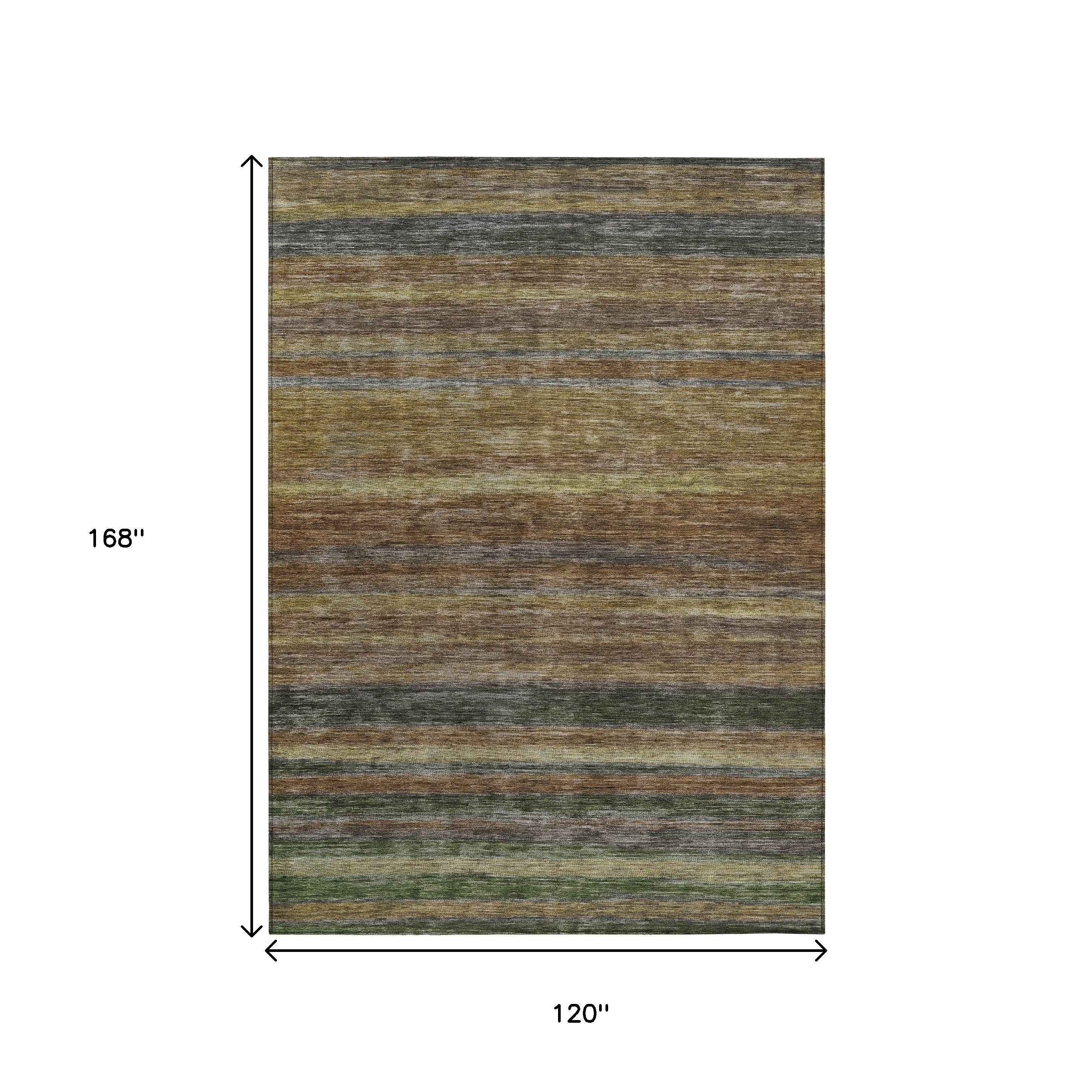 10' X 14' Brown And Gray Striped Washable Indoor Outdoor Area Rug