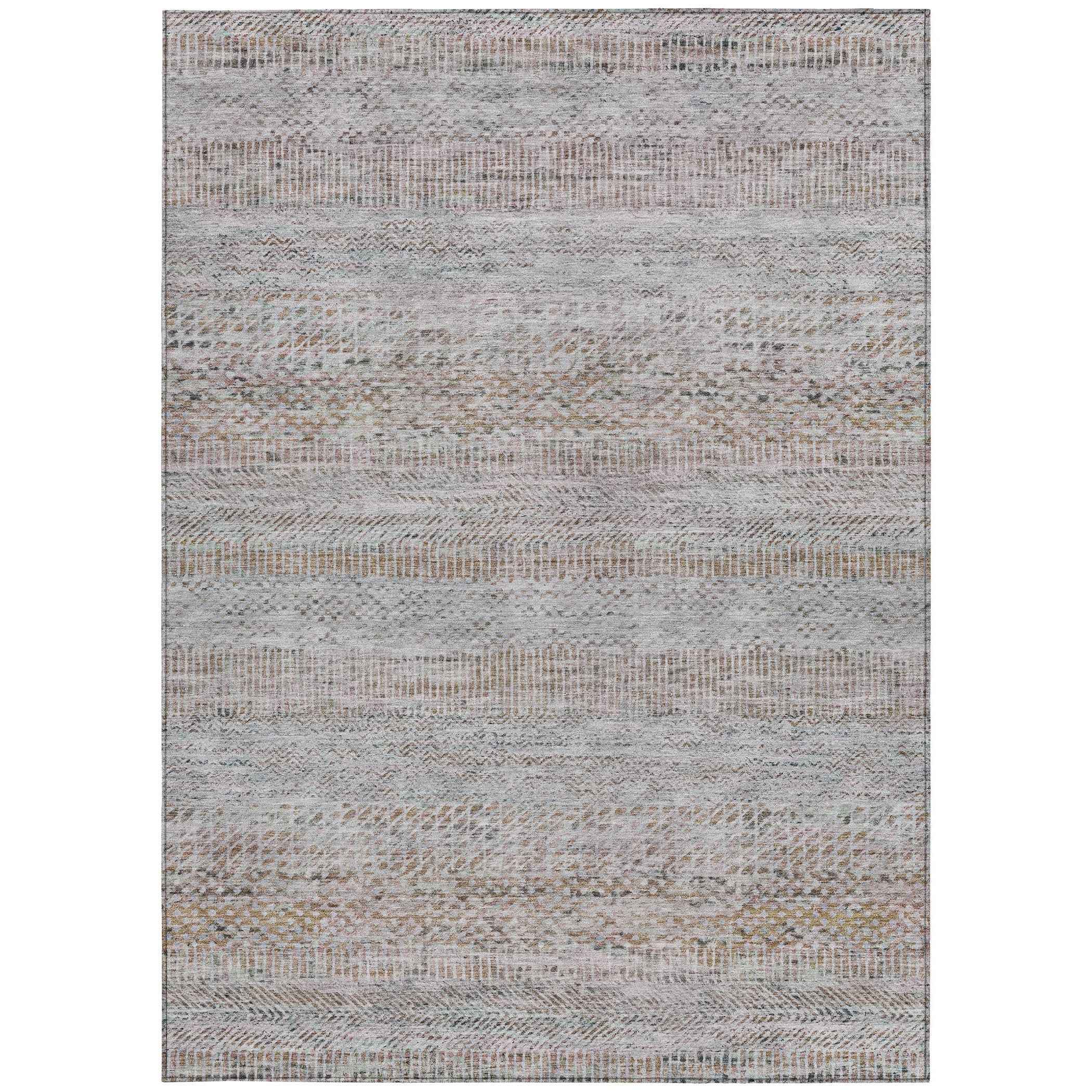 5' X 8' Linen And Gray Striped Washable Indoor Outdoor Area Rug