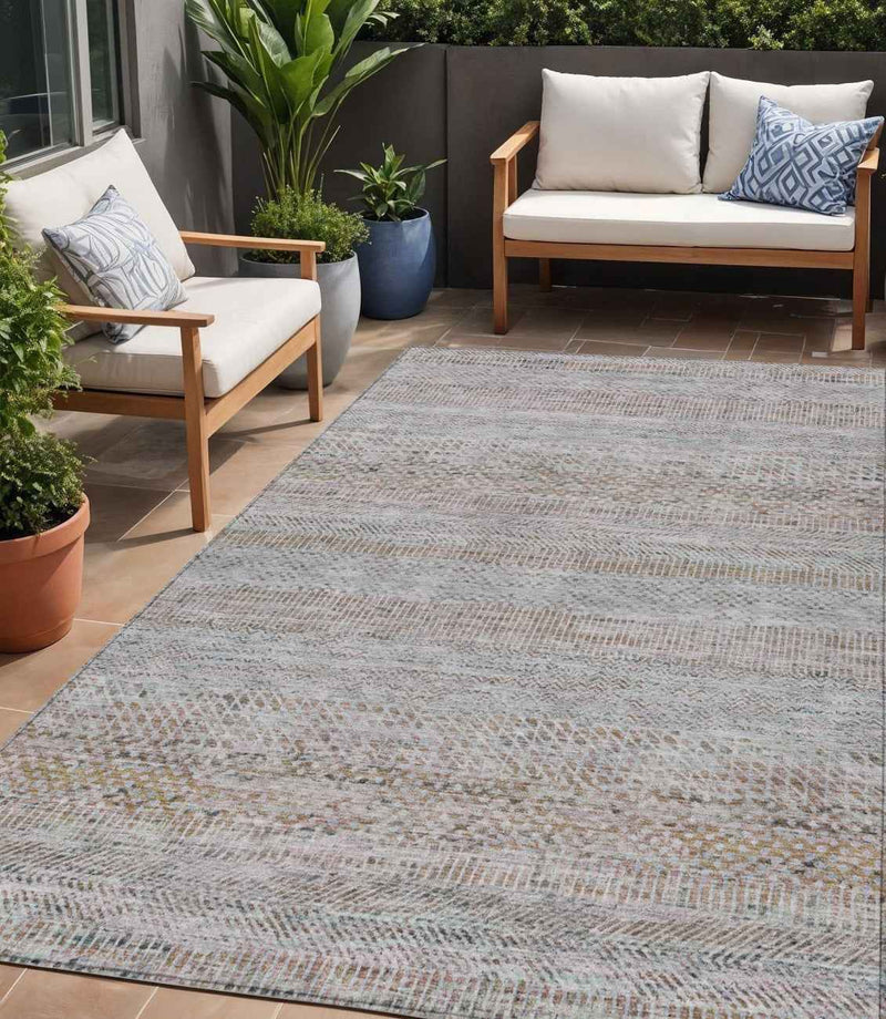 5' X 8' Linen And Gray Striped Washable Indoor Outdoor Area Rug
