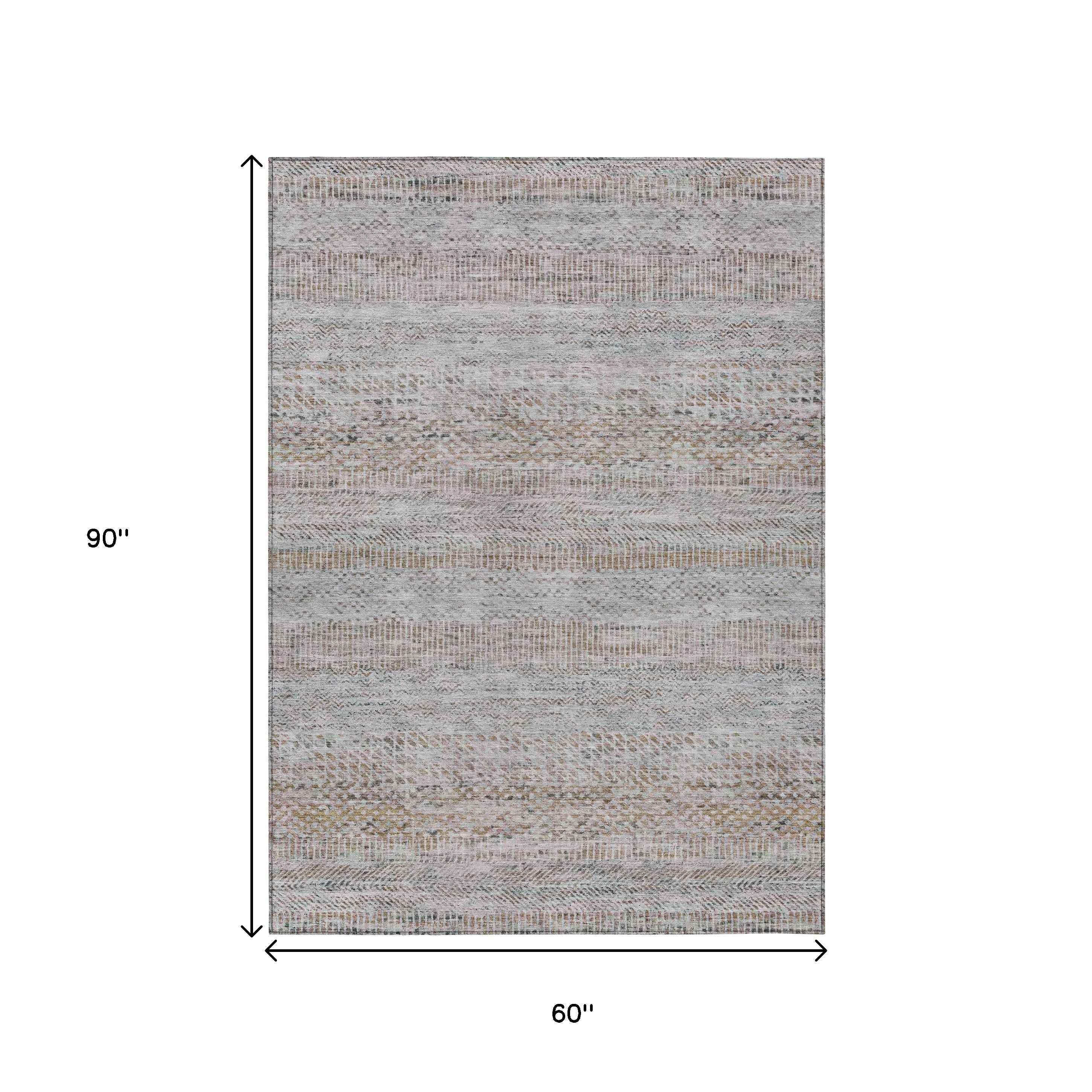 5' X 8' Linen And Gray Striped Washable Indoor Outdoor Area Rug