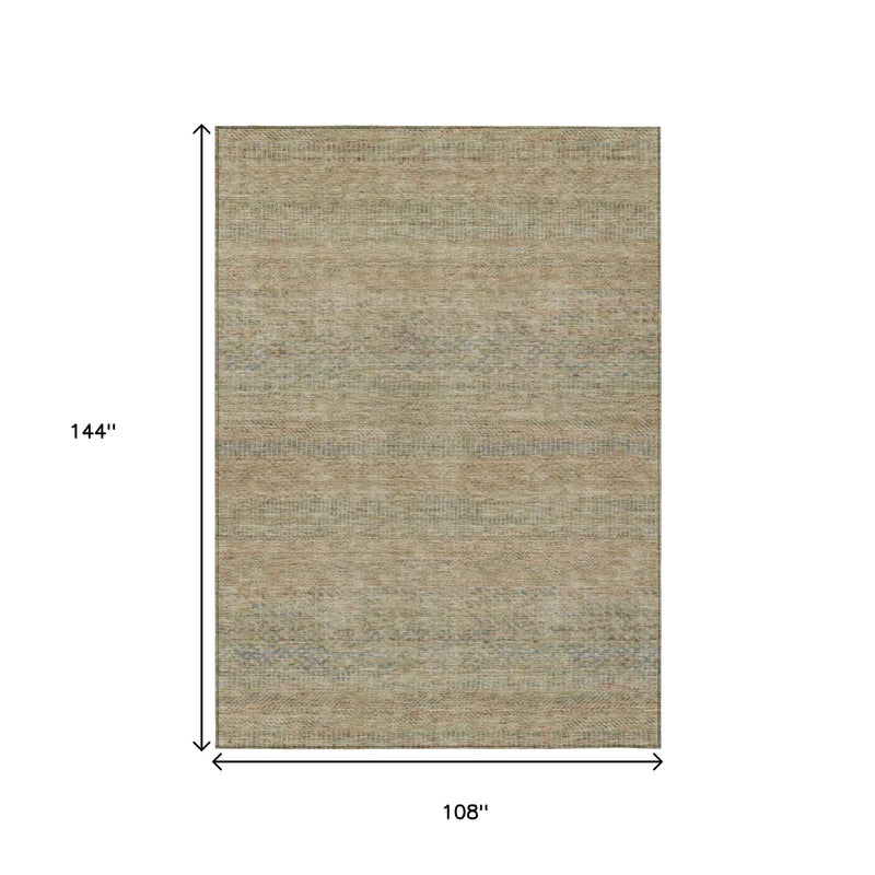 9' X 12' Beige And Taupe Striped Washable Indoor Outdoor Area Rug