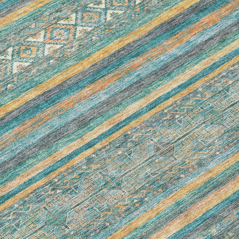 3' X 5' Teal Blue Gold And Taupe Southwestern Washable Indoor Outdoor Area Rug