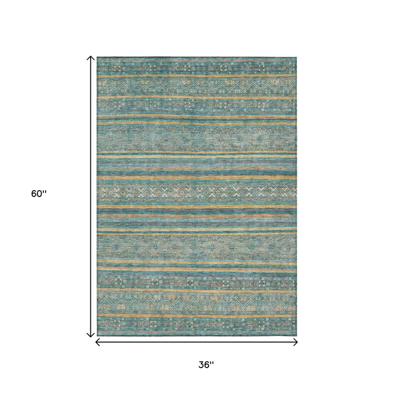 3' X 5' Teal Blue Gold And Taupe Southwestern Washable Indoor Outdoor Area Rug