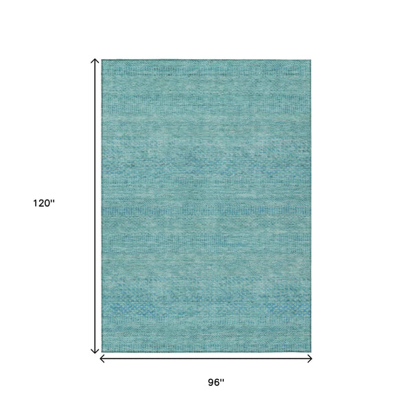 8' X 10' Aqua And Teal Blue Striped Washable Indoor Outdoor Area Rug