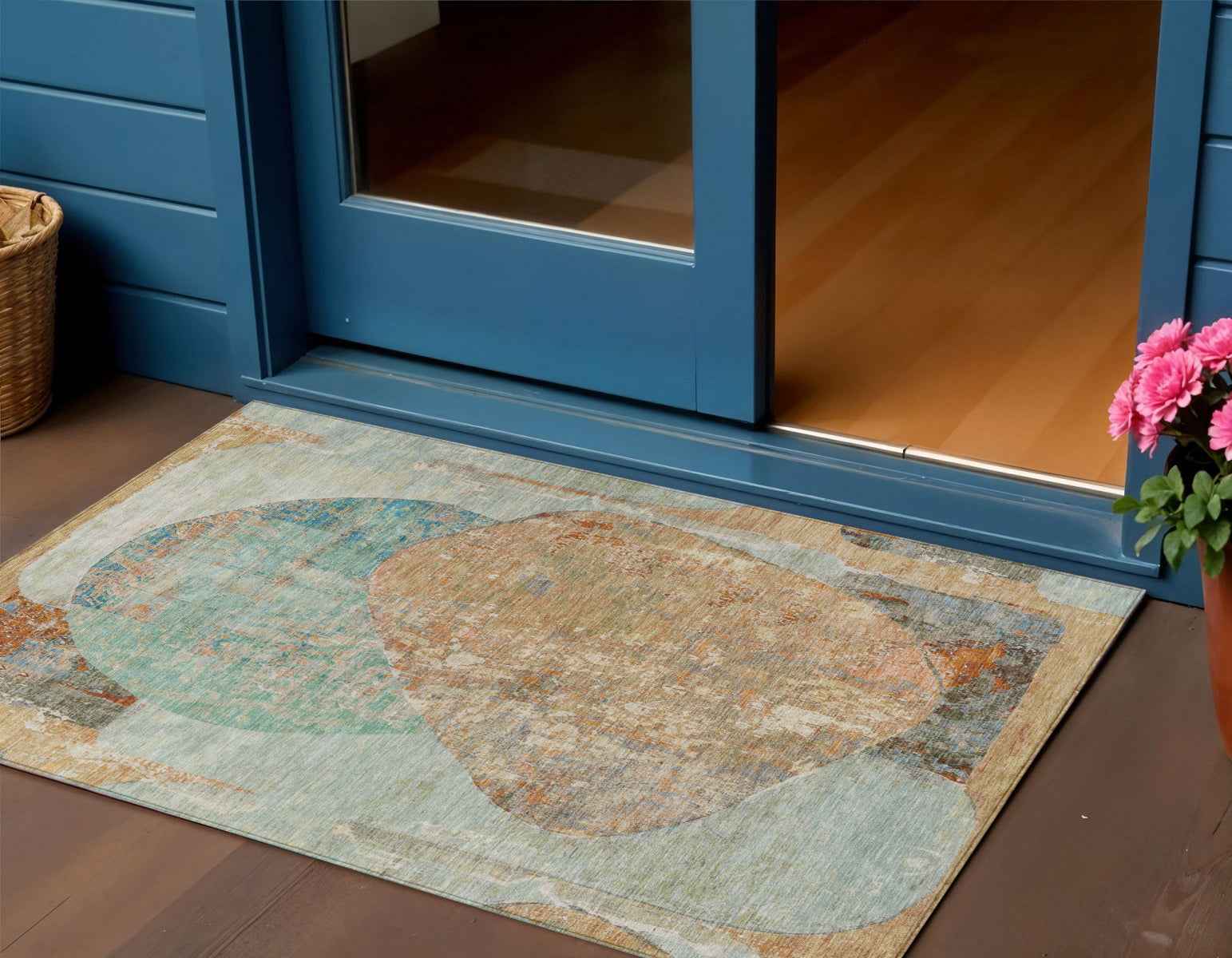 3' X 5' Teal Blue And Copper Abstract Washable Indoor Outdoor Area Rug
