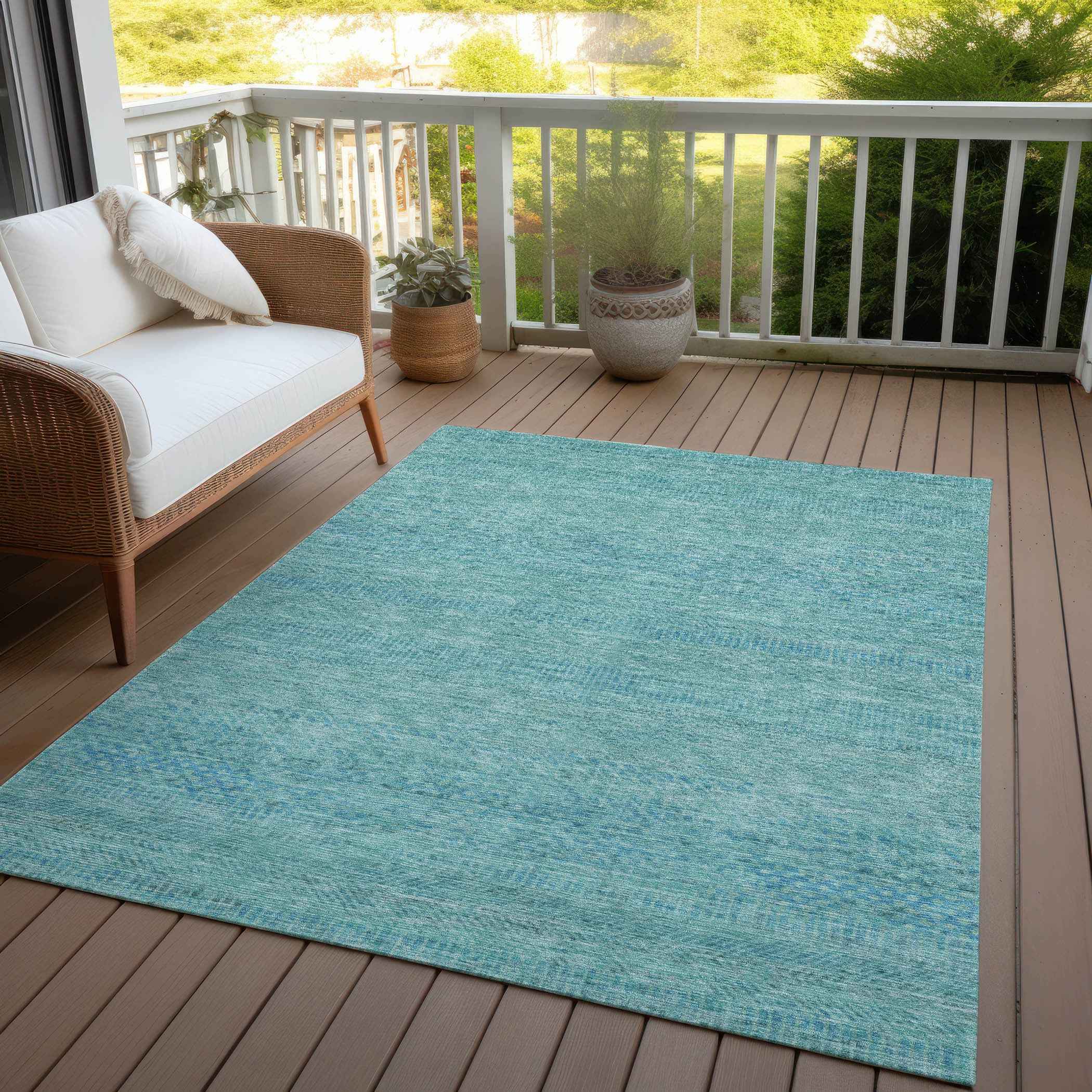 8' X 10' Aqua And Teal Blue Striped Washable Indoor Outdoor Area Rug