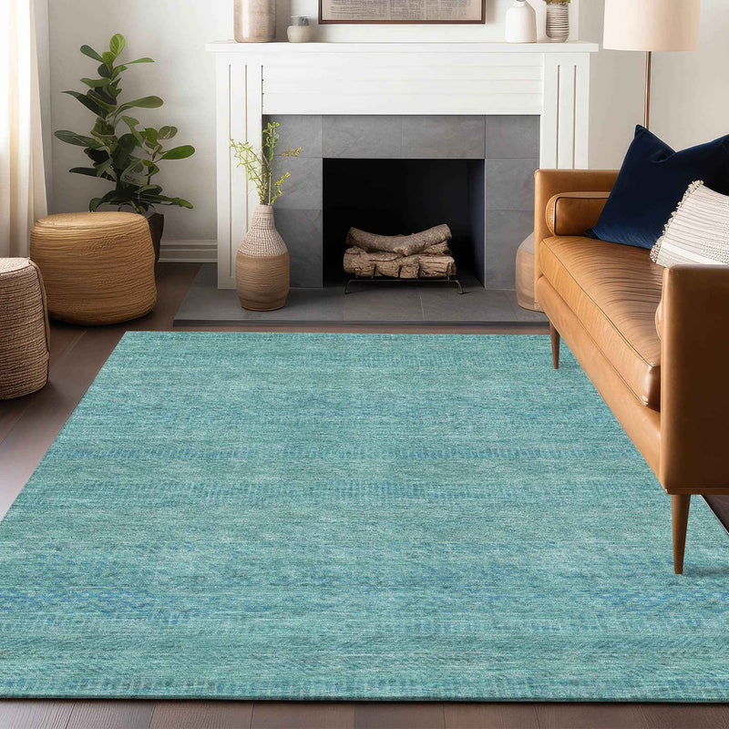 8' X 10' Aqua And Teal Blue Striped Washable Indoor Outdoor Area Rug