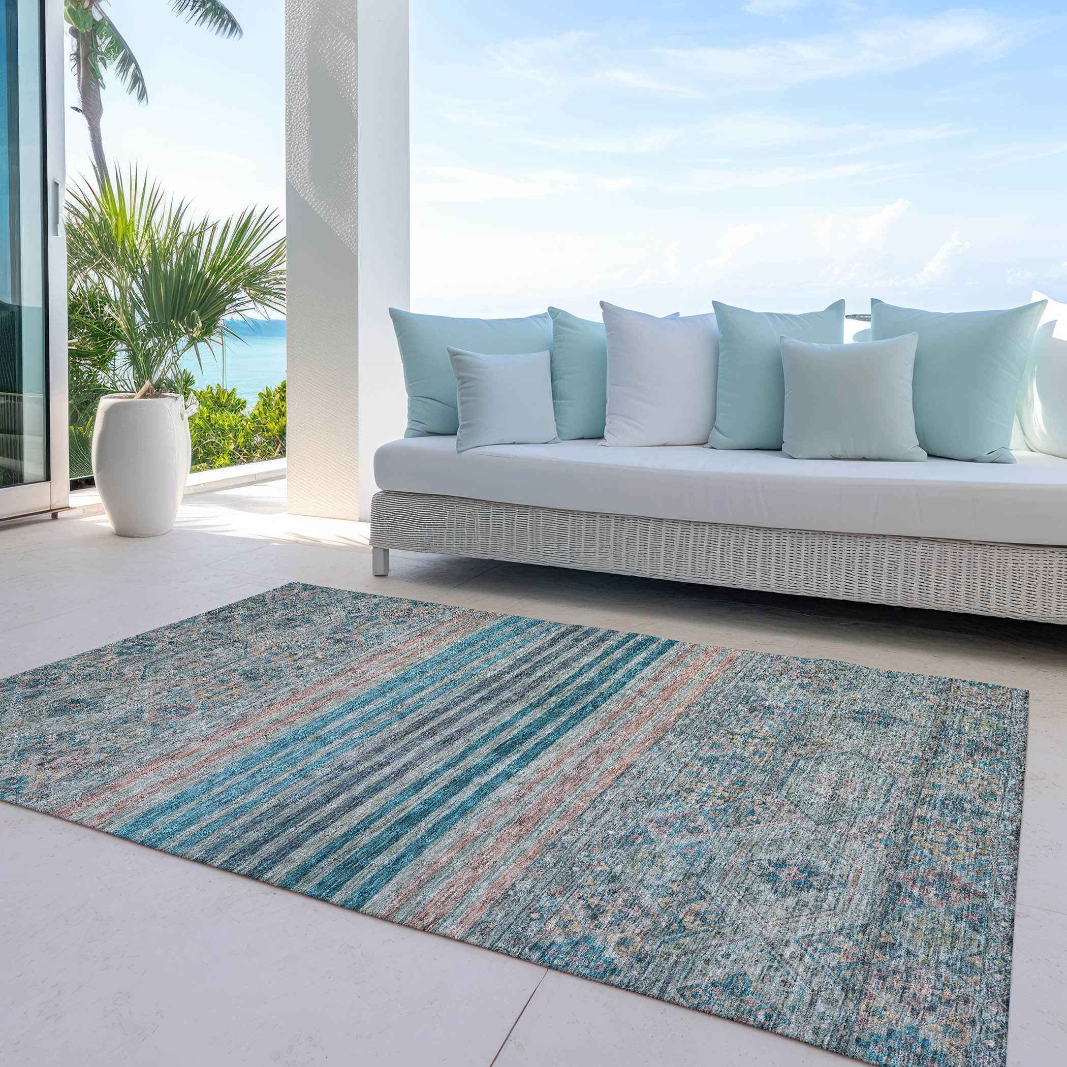 10' X 14' Teal Blue Salmon And Beige Medallion Washable Indoor Outdoor Area Rug
