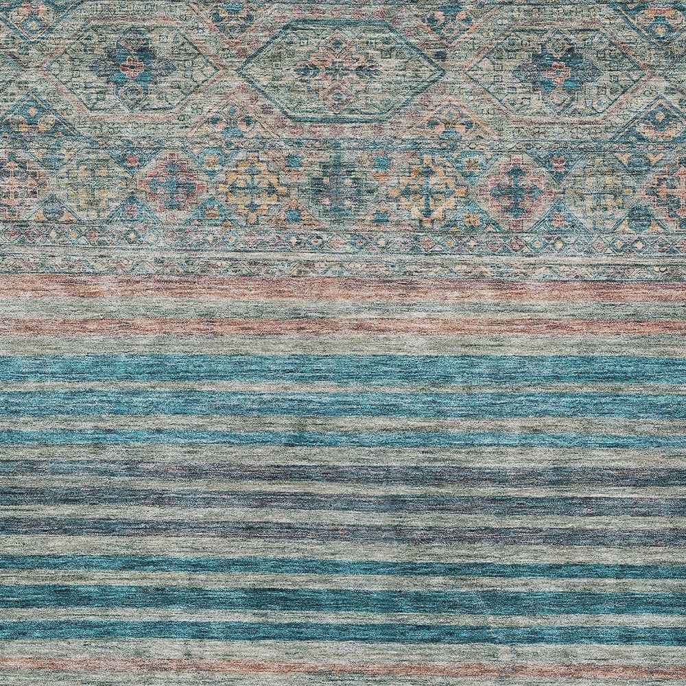 10' X 14' Teal Blue Salmon And Beige Medallion Washable Indoor Outdoor Area Rug