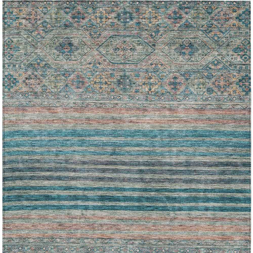 10' X 14' Teal Blue Salmon And Beige Medallion Washable Indoor Outdoor Area Rug
