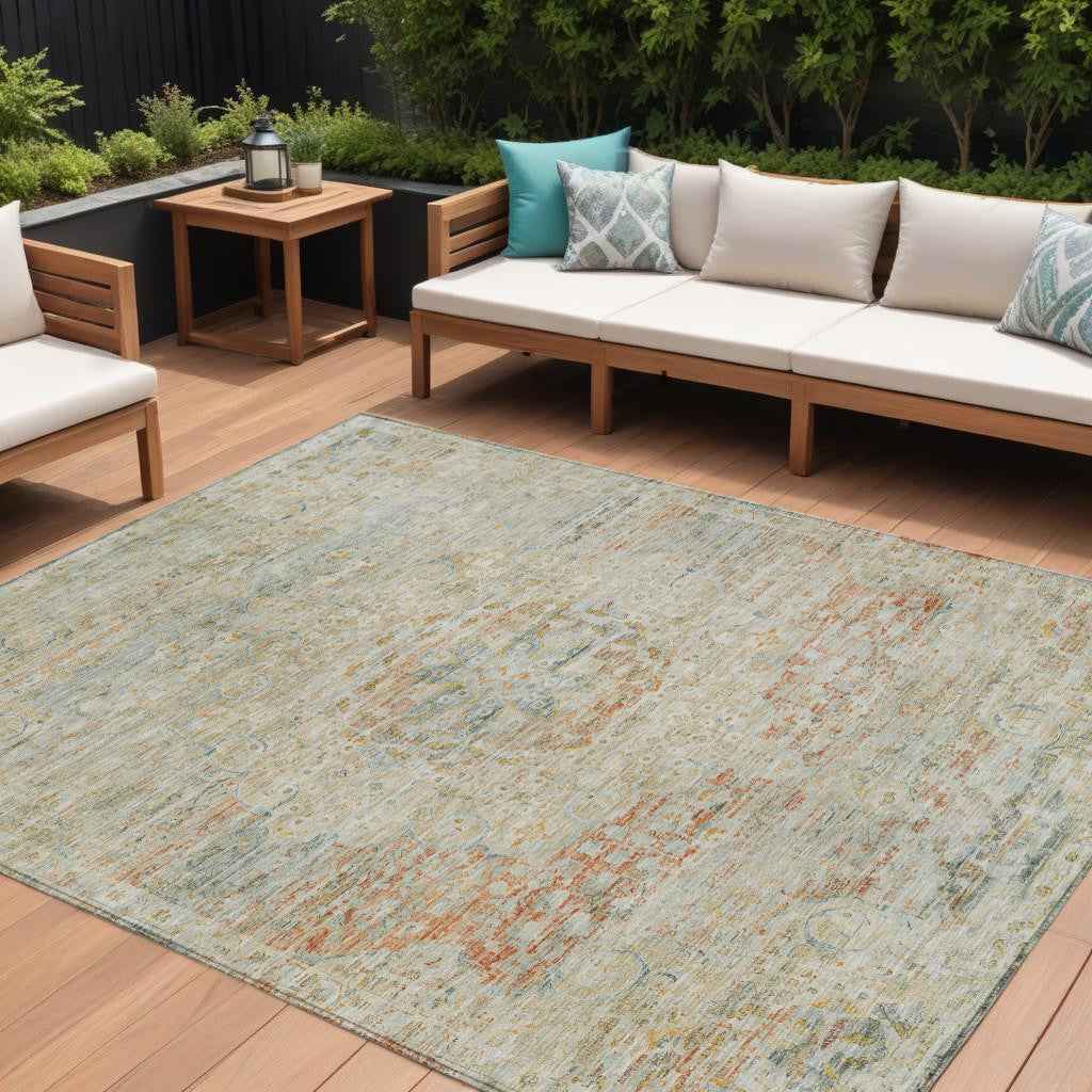 10' X 14' Tan And Beige Medallion Washable Indoor Outdoor Area Rug