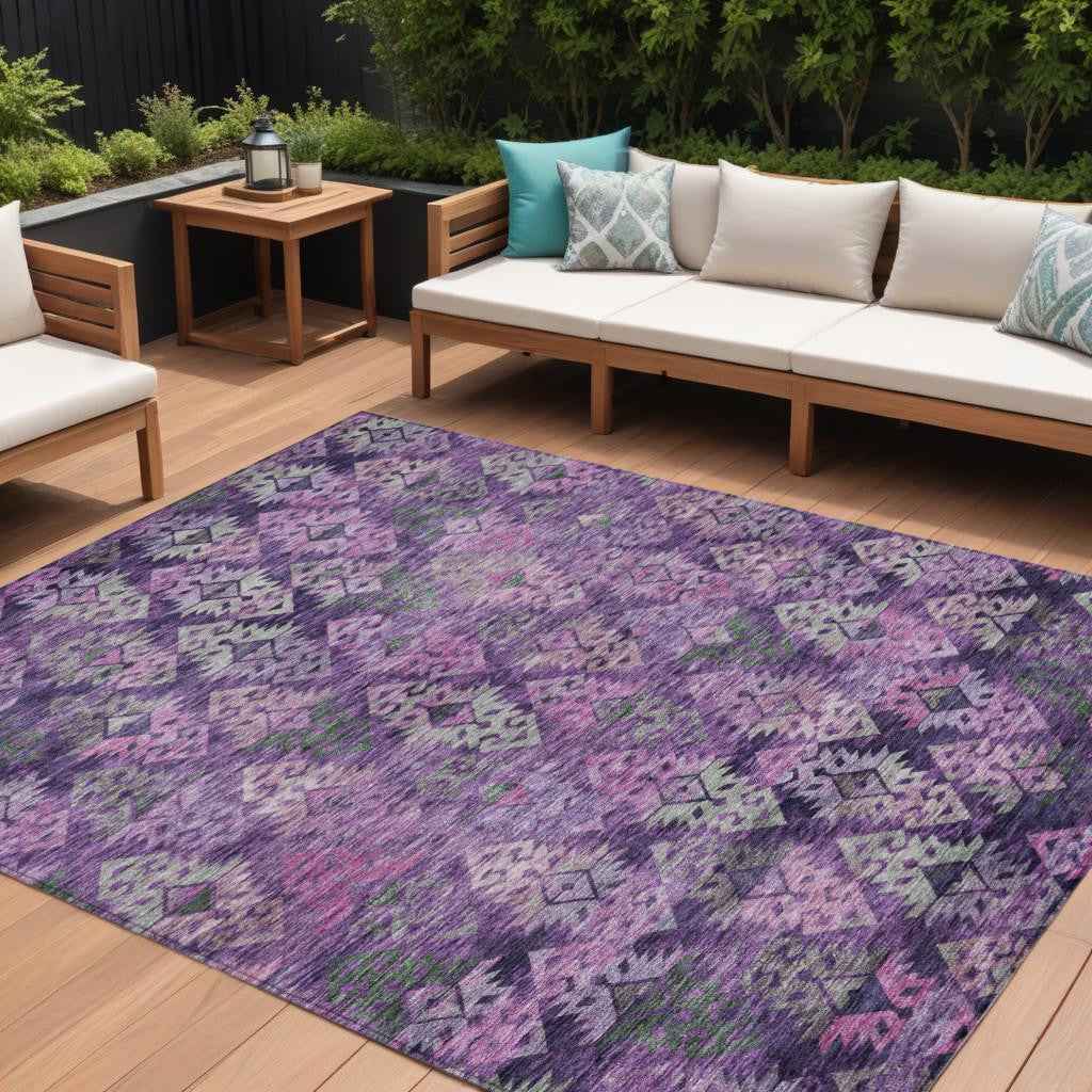 10' X 14' Eggplant Plum And Lavender Aztec Washable Indoor Outdoor Area Rug