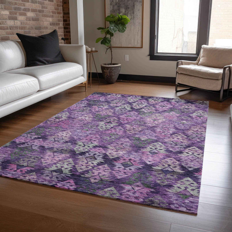 10' X 14' Eggplant Plum And Lavender Aztec Washable Indoor Outdoor Area Rug
