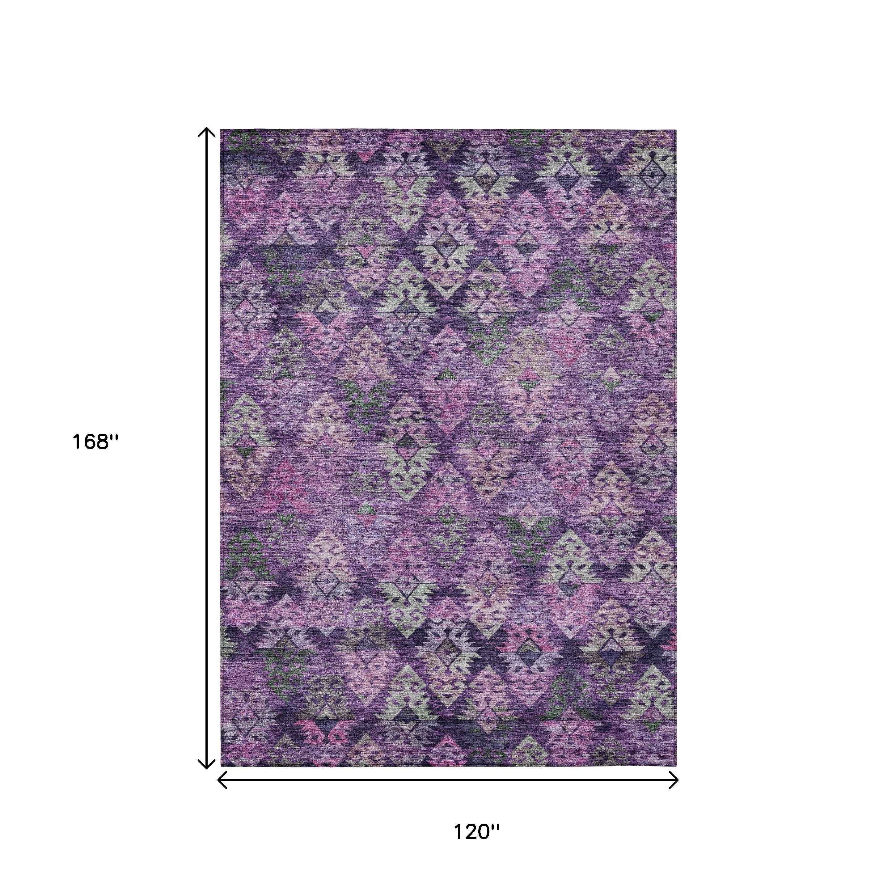 10' X 14' Eggplant Plum And Lavender Aztec Washable Indoor Outdoor Area Rug
