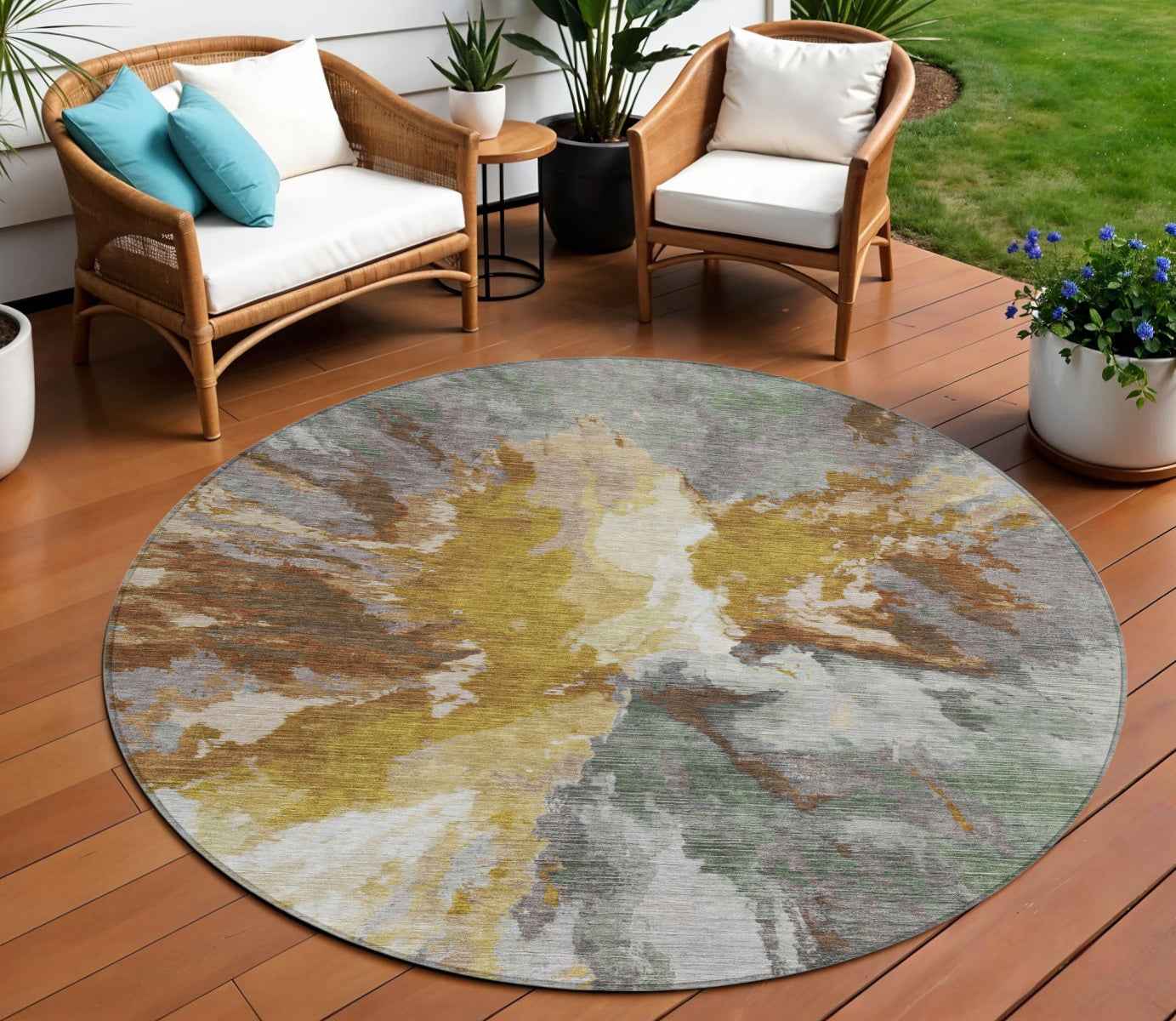 8' Gold And Gray Round Abstract Washable Indoor Outdoor Area Rug