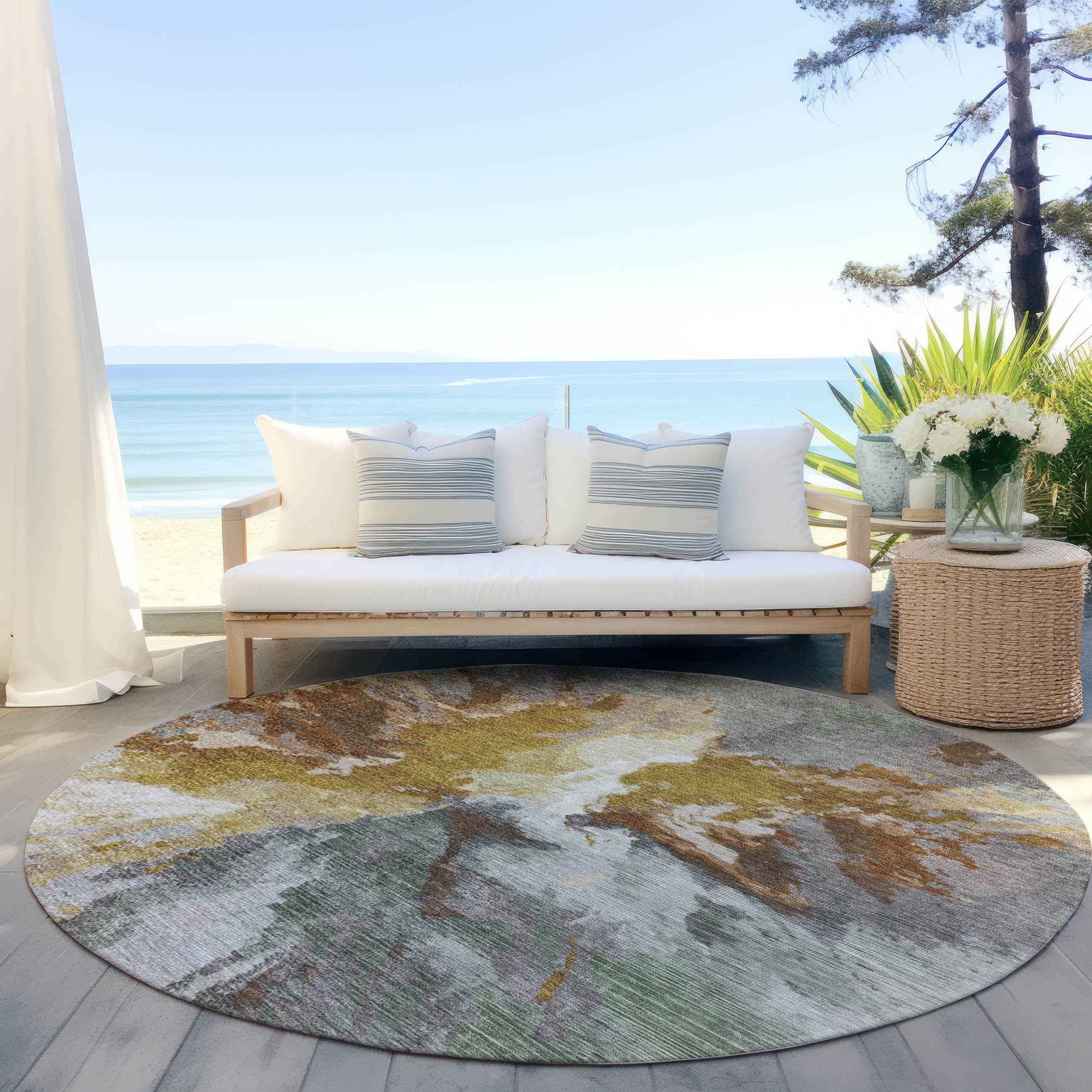 8' Gold And Gray Round Abstract Washable Indoor Outdoor Area Rug