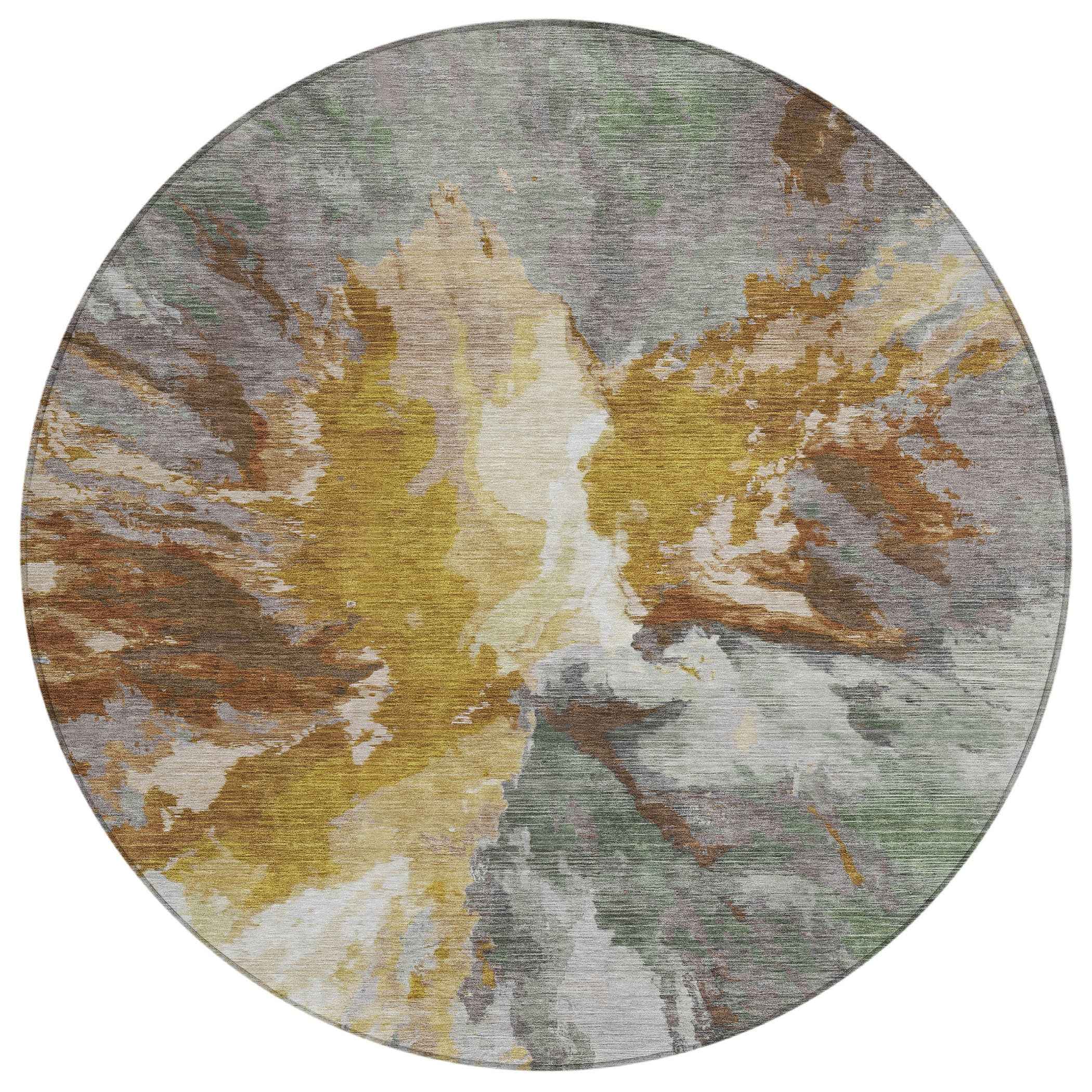 8' Gold And Gray Round Abstract Washable Indoor Outdoor Area Rug