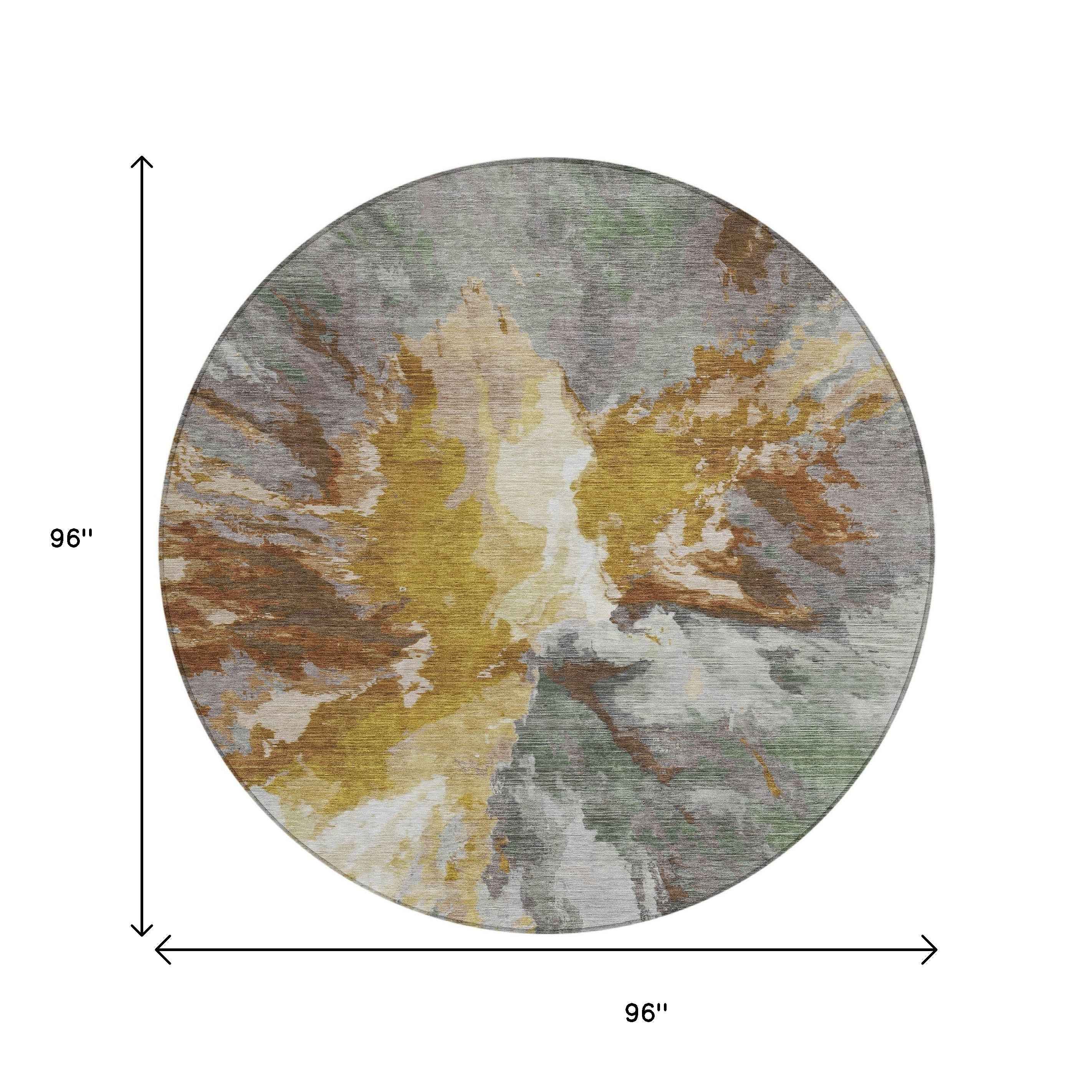 8' Gold And Gray Round Abstract Washable Indoor Outdoor Area Rug