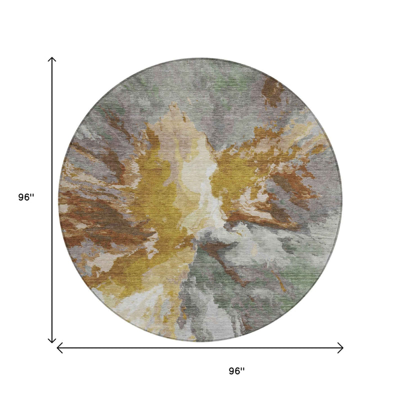8' Gold And Gray Round Abstract Washable Indoor Outdoor Area Rug