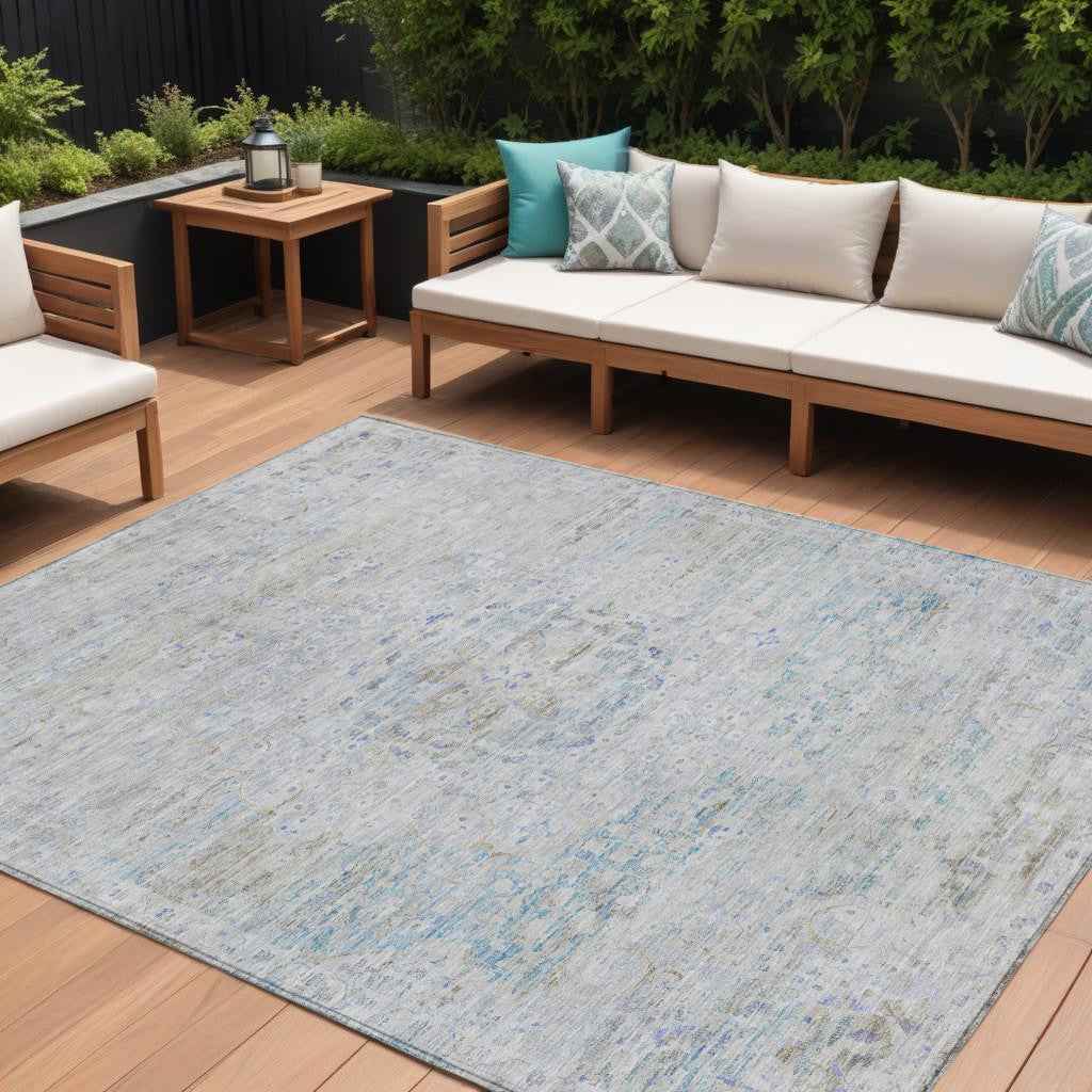 10' X 14' Beige And Blue Medallion Washable Indoor Outdoor Area Rug