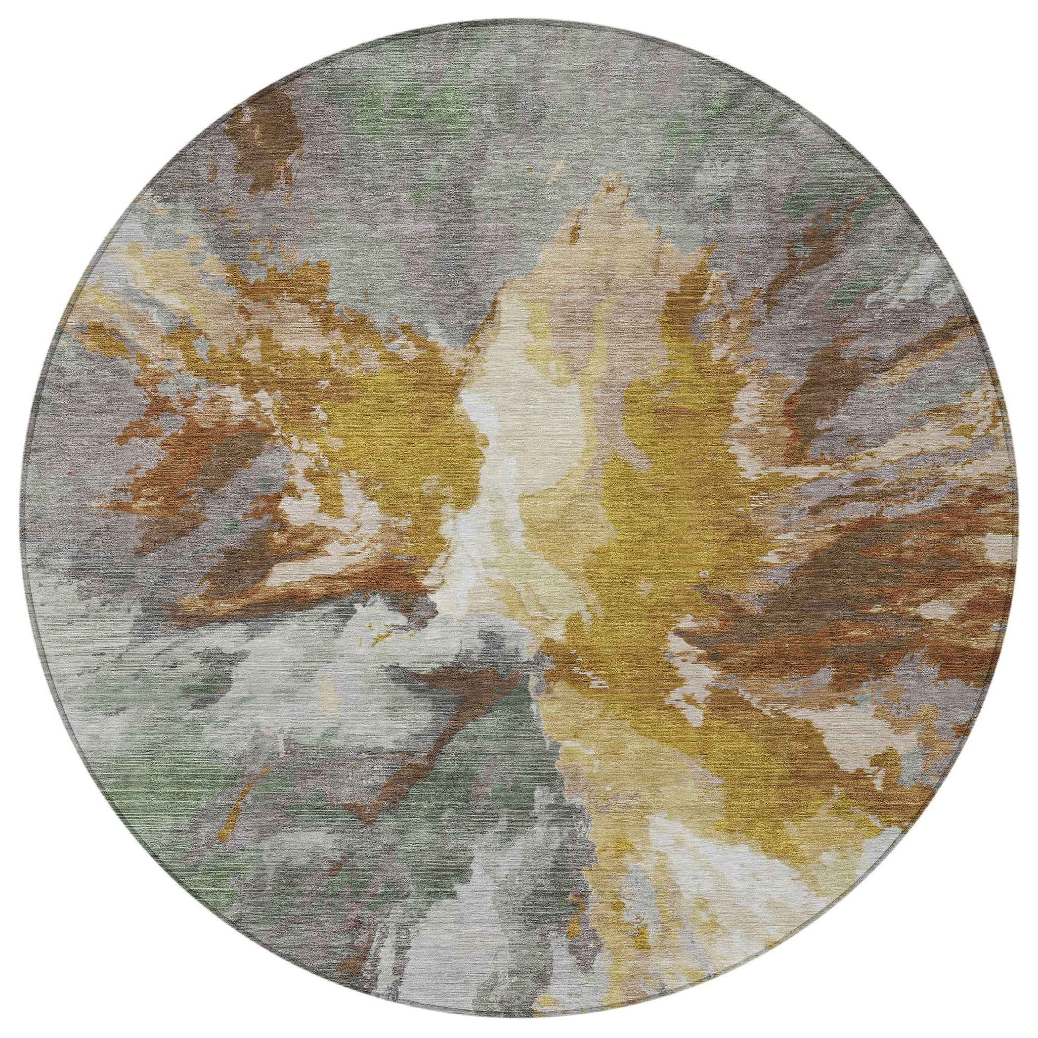 8' Gold And Gray Round Abstract Washable Indoor Outdoor Area Rug
