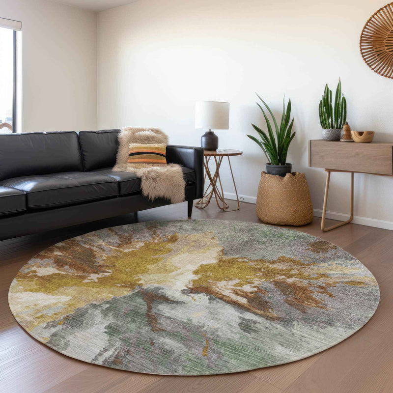 8' Gold And Gray Round Abstract Washable Indoor Outdoor Area Rug