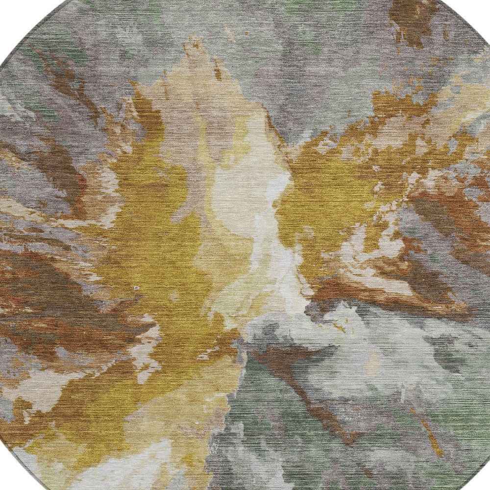 8' Gold And Gray Round Abstract Washable Indoor Outdoor Area Rug