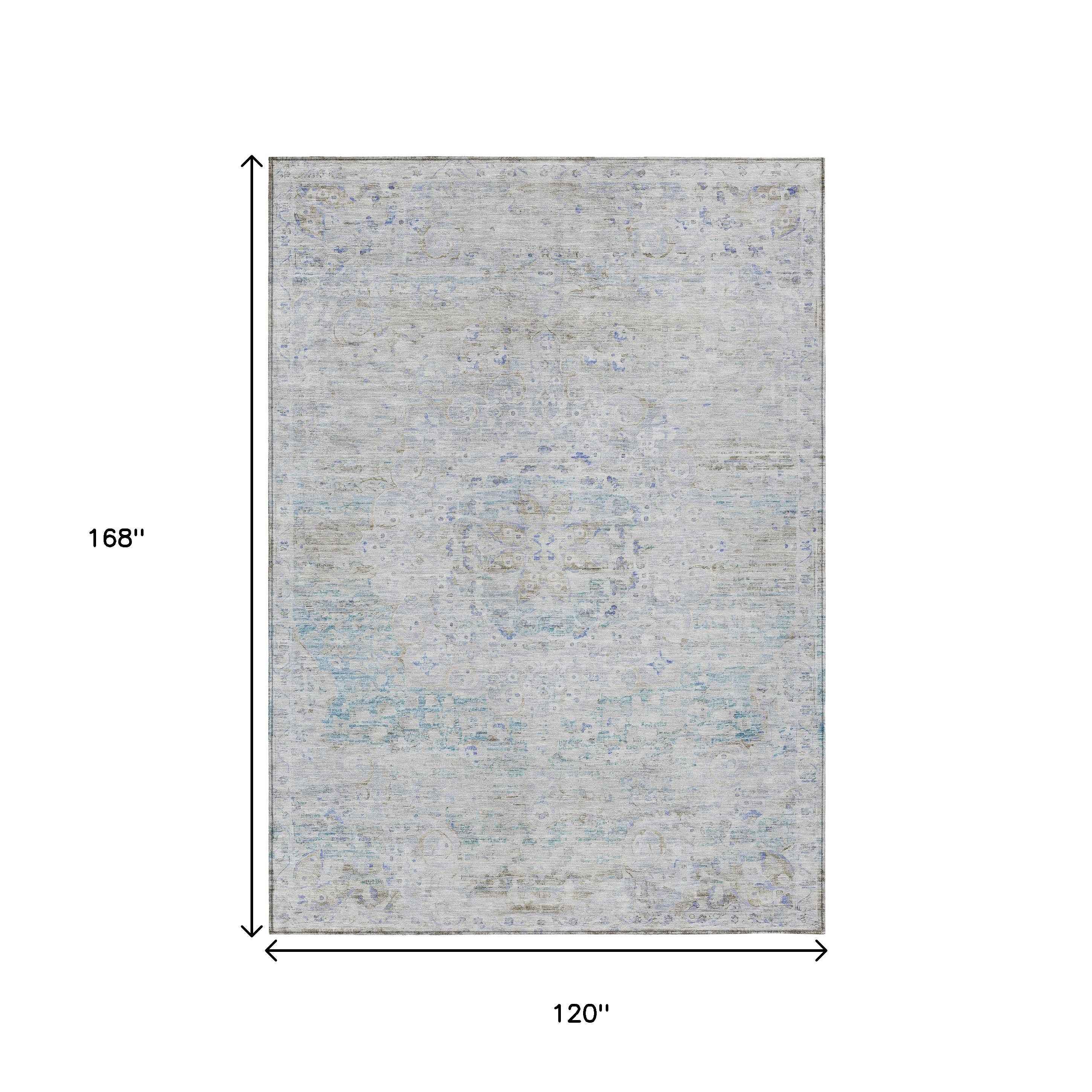 10' X 14' Beige And Blue Medallion Washable Indoor Outdoor Area Rug