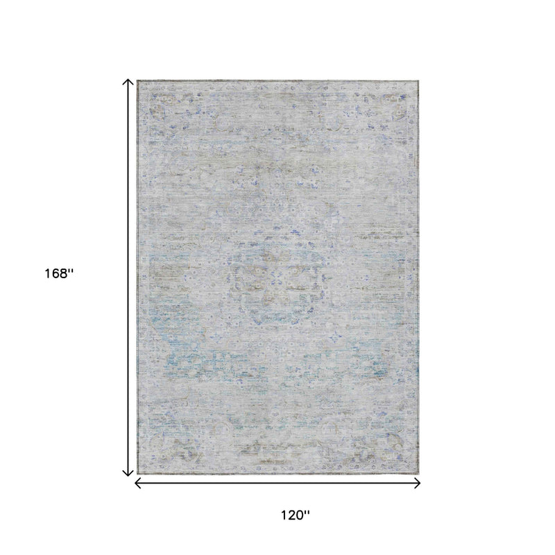 10' X 14' Beige And Blue Medallion Washable Indoor Outdoor Area Rug